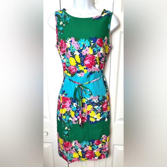 TALBOTS Springtime Garden Party Shift Sheath Dress Floral Vibrant Belted Green - Picture 2 of 14
